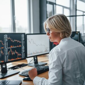 Female stockbroker in formal clothes works in the office with financial market